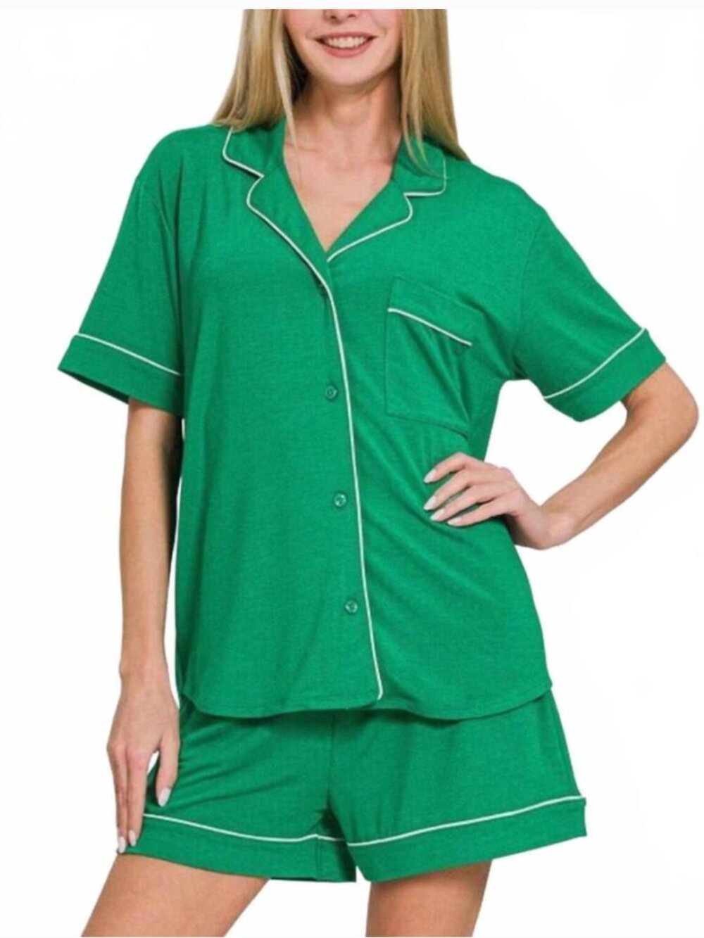Zenana Women's Button Down Lounge Set - Emerald Size Medium NEW
